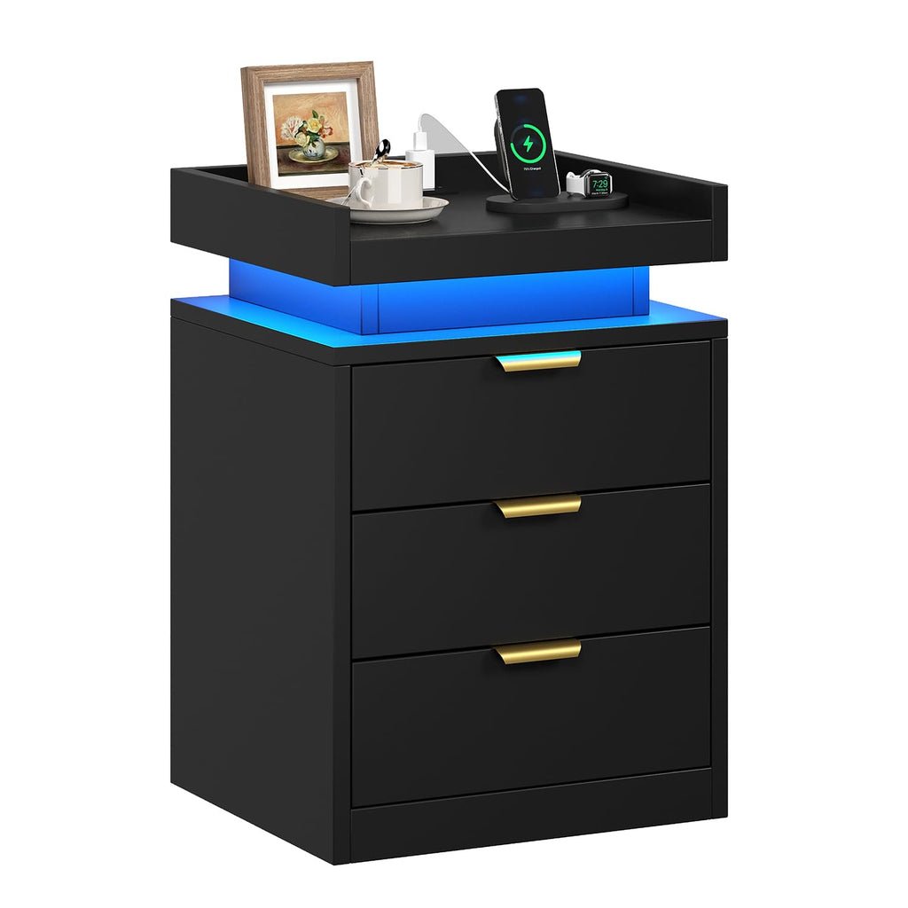 Black 3 Drawer LED Nightstand with Charging Station I1204