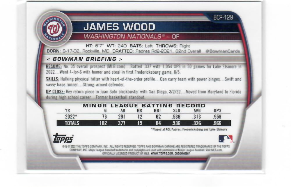 2023 Bowman Chrome Mega Box Prospects Mojo Refractor Orange #BCP-129 James Wood /25 Washington Nationals Baseball NM-MT W573893
