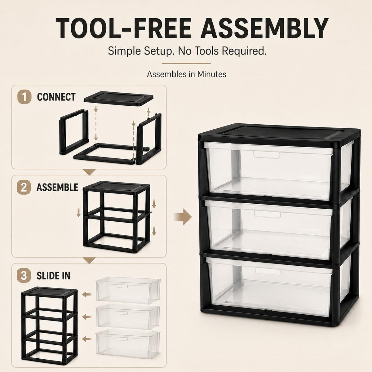 Plastic 3 Drawer Storage Tower with Clear Removable Bins R8542