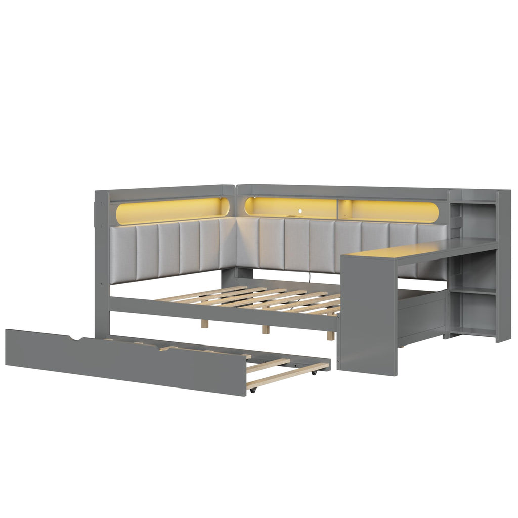 Grey Full Size L-Shaped Corner Bed with Trundle and Desk H2619