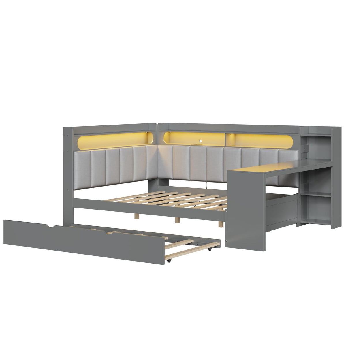 Grey Full Size L-Shaped Corner Bed with Trundle and Desk H2619