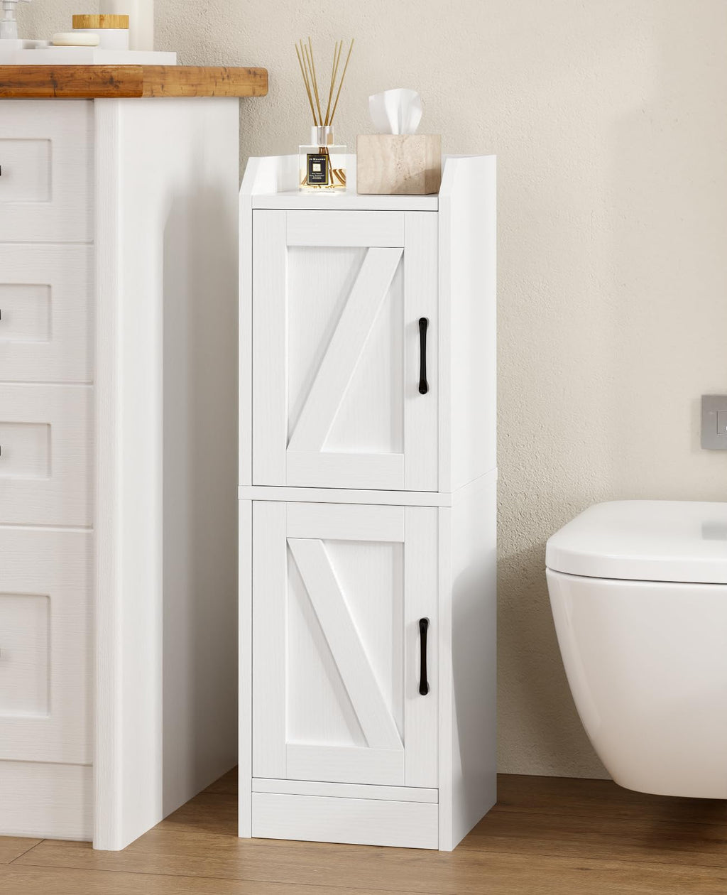 White Narrow Bathroom Storage Cabinet with 2 Doors and Shelves V232