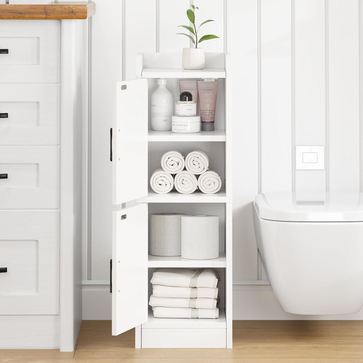 White Narrow Bathroom Storage Cabinet with 2 Doors and Shelves V232