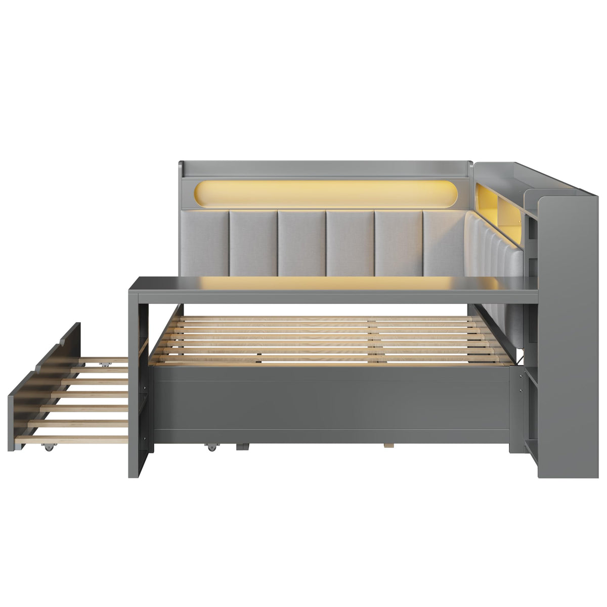 Grey Full Size L-Shaped Corner Bed with Trundle and Desk H2619