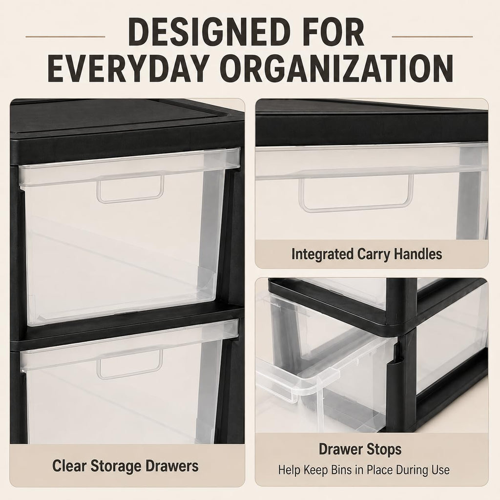 Plastic 3 Drawer Storage Tower with Clear Removable Bins R8542