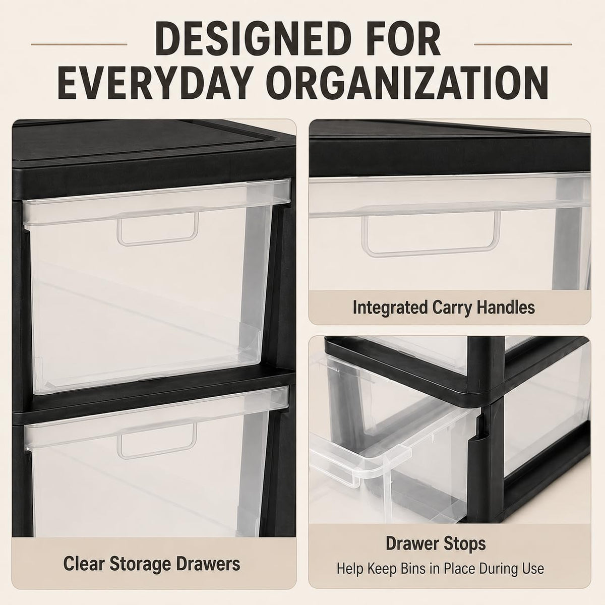 Plastic 3 Drawer Storage Tower with Clear Removable Bins R8542