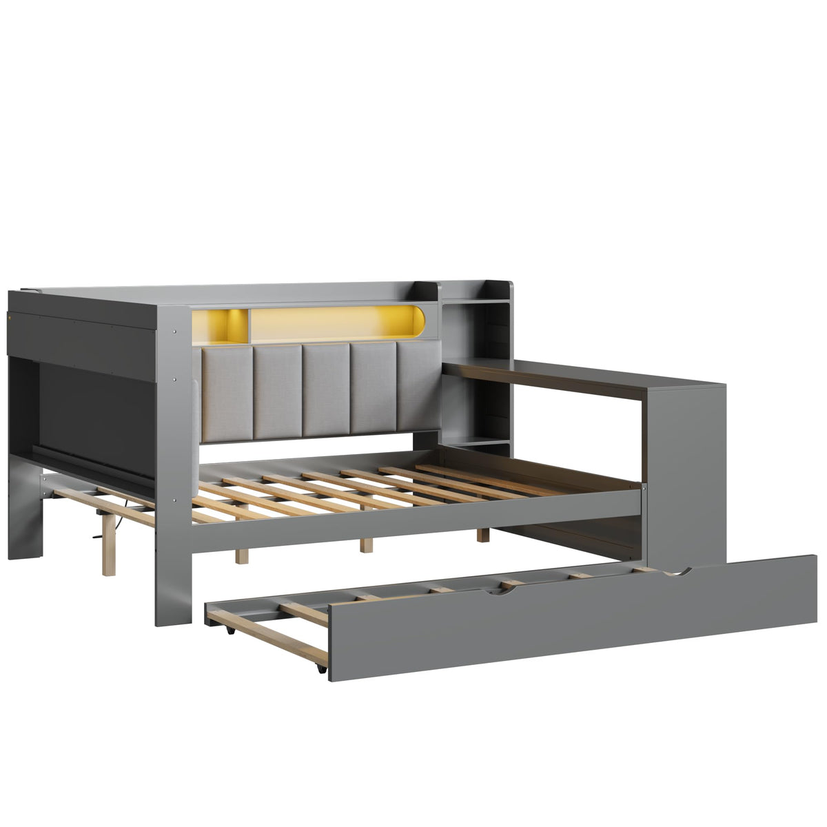Grey Full Size L-Shaped Corner Bed with Trundle and Desk H2619