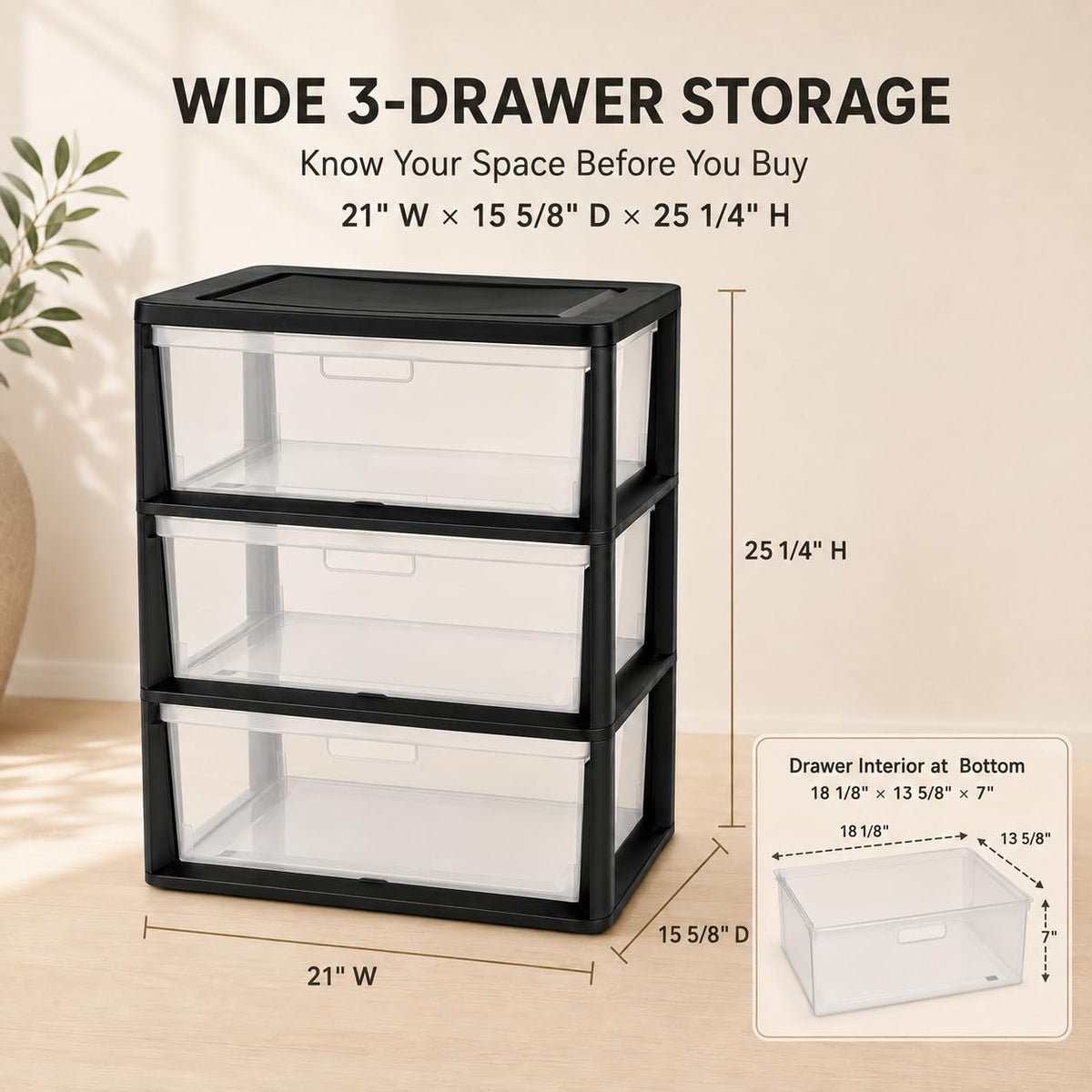 Plastic 3 Drawer Storage Tower with Clear Removable Bins R8542