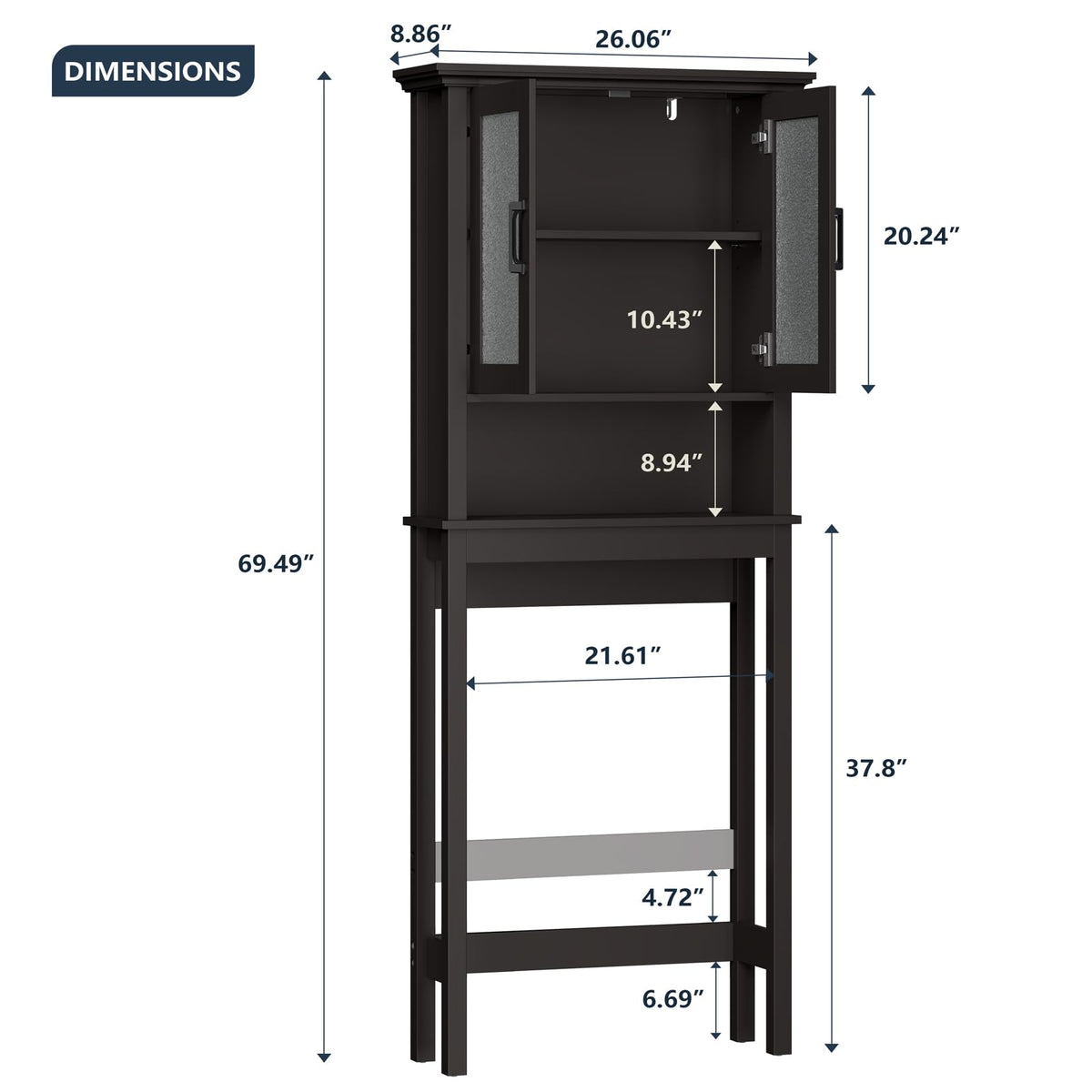 Over Toilet Storage Cabinet with Glass Doors and Adjustable Shelf J668