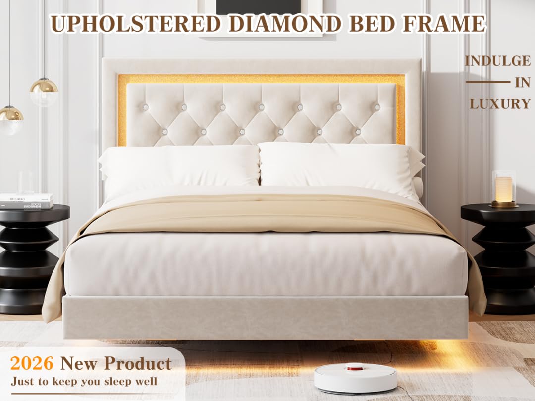 White Full Size Floating Bed Frame D8465