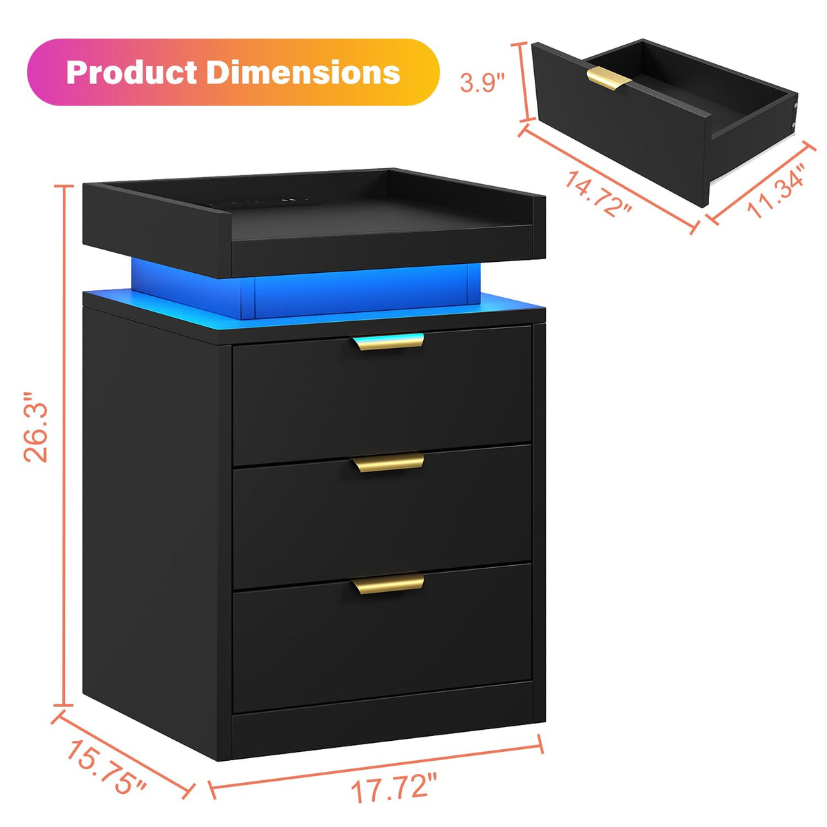 Black 3 Drawer LED Nightstand with Charging Station I1204