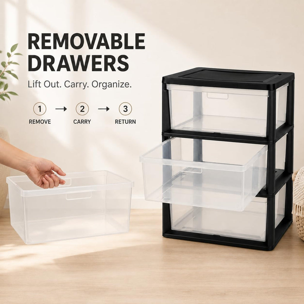 Plastic 3 Drawer Storage Tower with Clear Removable Bins R8542