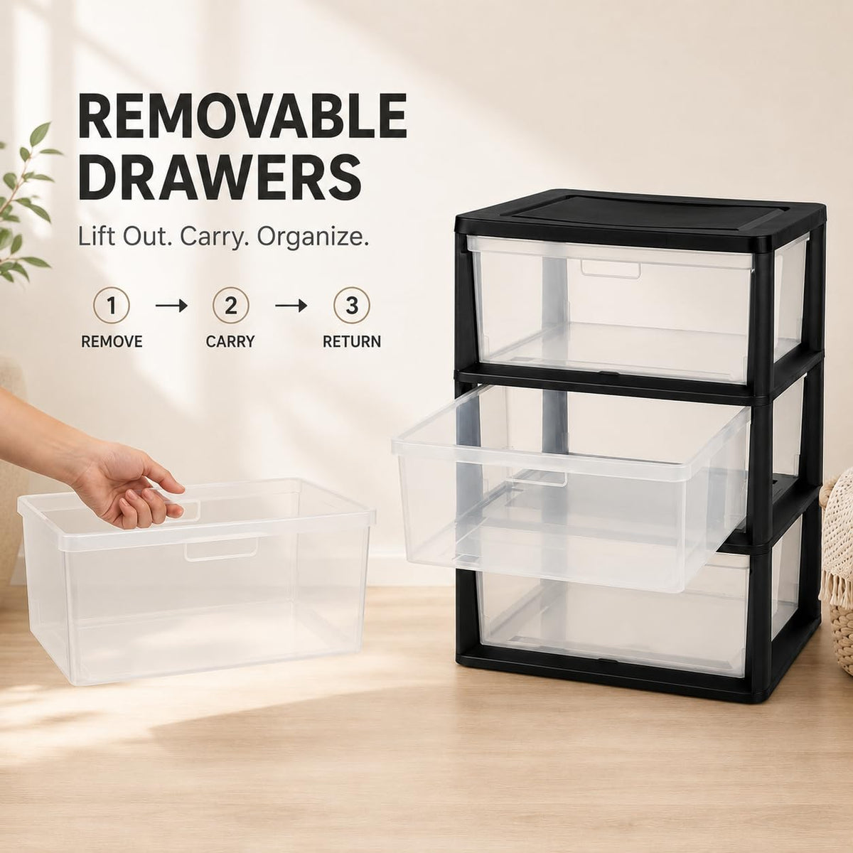 Plastic 3 Drawer Storage Tower with Clear Removable Bins R8542