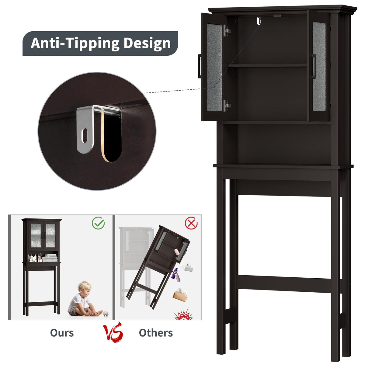 Over Toilet Storage Cabinet with Glass Doors and Adjustable Shelf J668