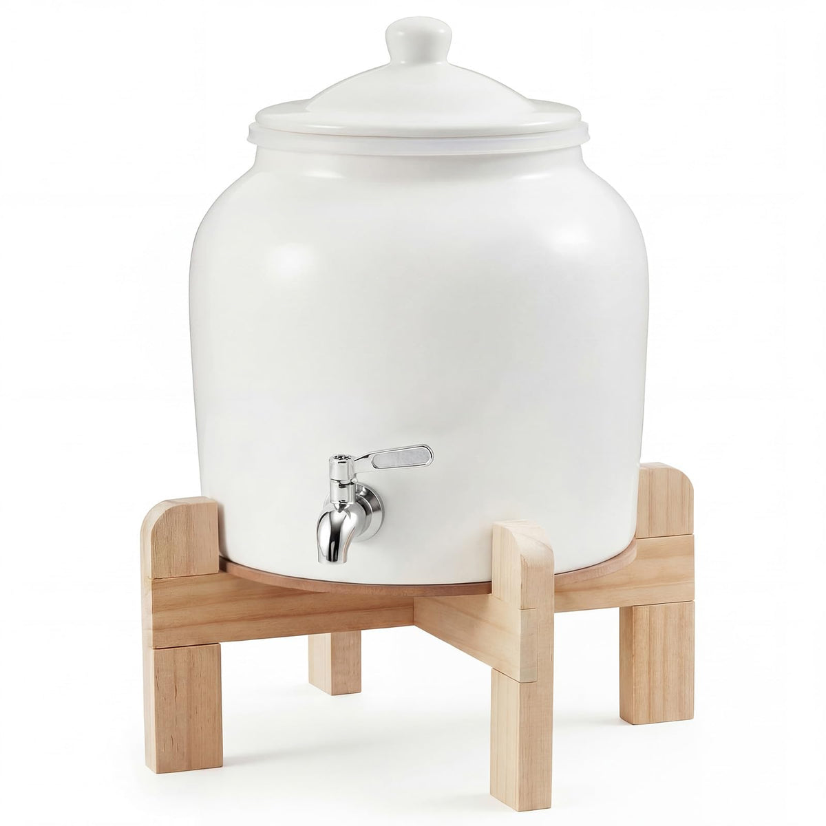 Ceramic Water Dispenser with Wood Stand and Stainless Steel Faucet P624344
