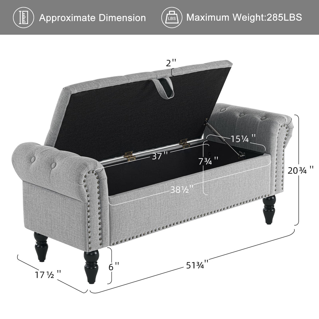 Grey Linen Upholstered Storage Bench with Wood Legs W32715