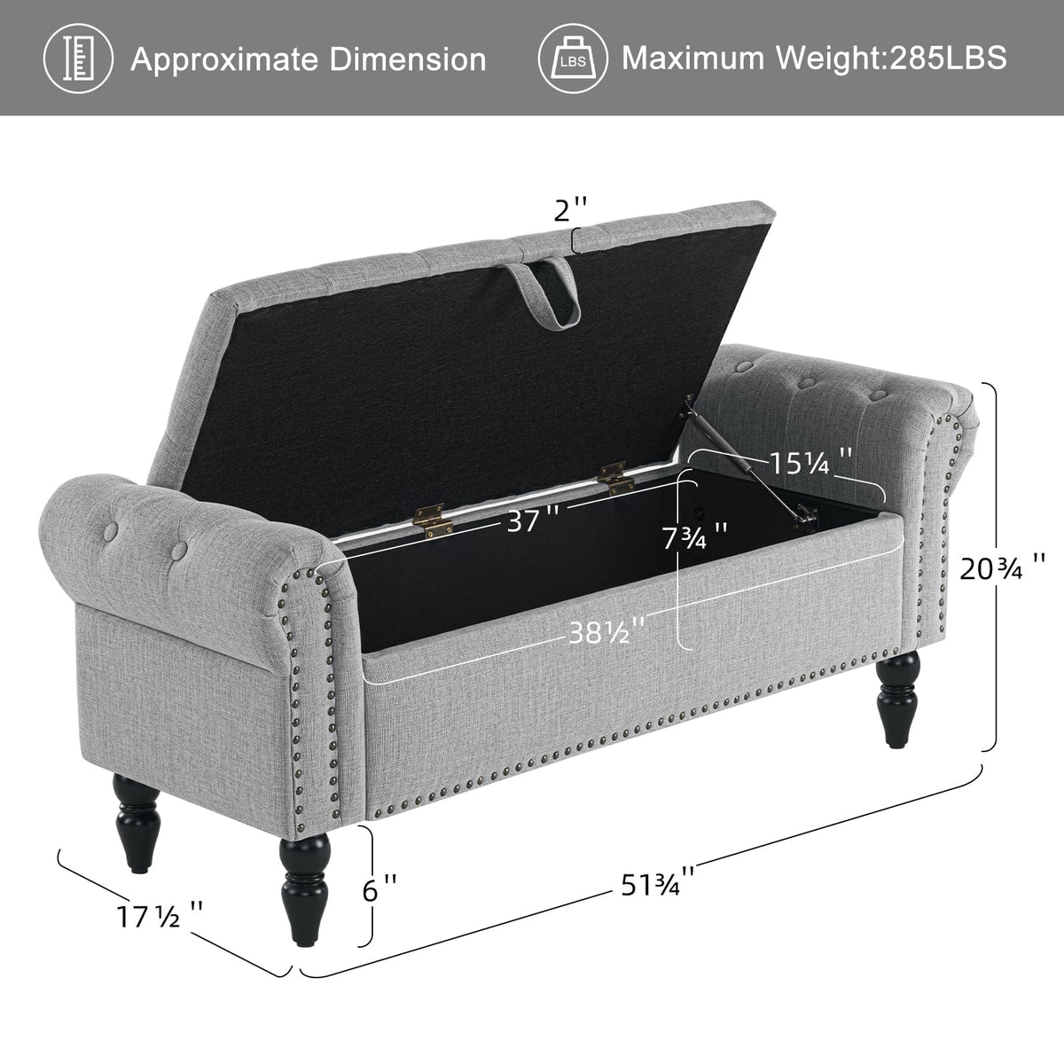 Grey Linen Upholstered Storage Bench with Wood Legs W32715