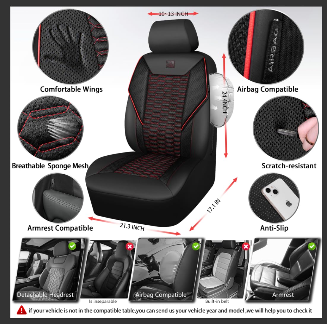 3D Foam Mesh Faux Leather Car Seat Covers Full Set, Black and Red E3690