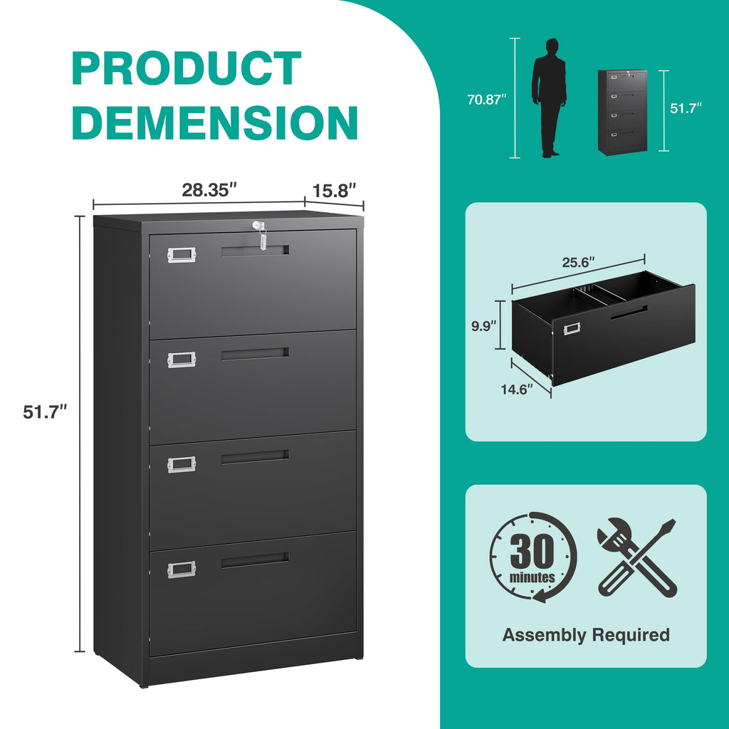 Black 4 Drawer Metal Lateral File Cabinet with Lock B2661