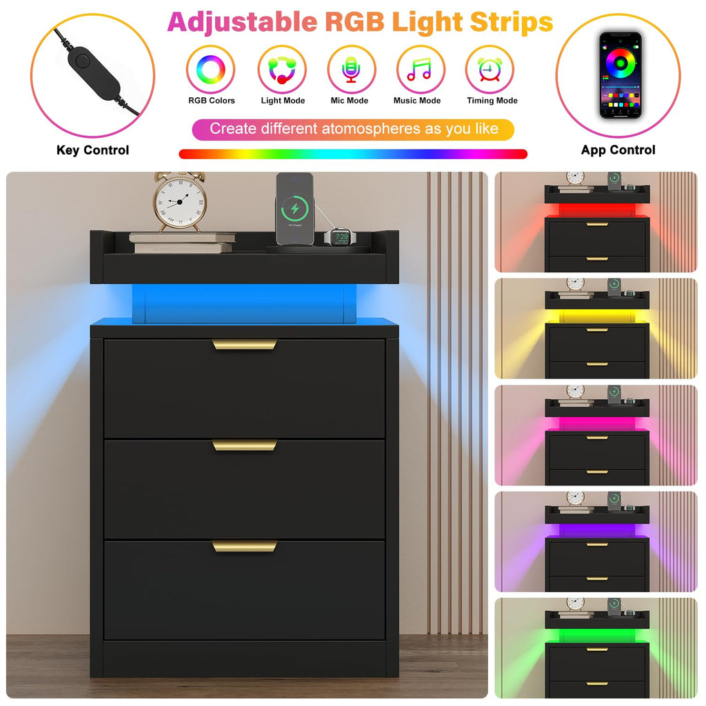 Black 3 Drawer LED Nightstand with Charging Station I1204