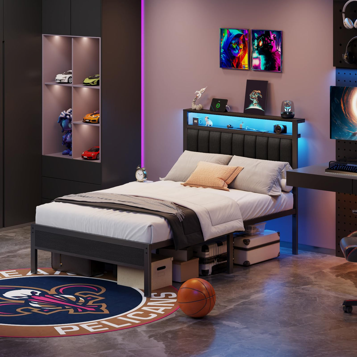 Full Size Bed Frame with Charging Station and LED Lights A6588