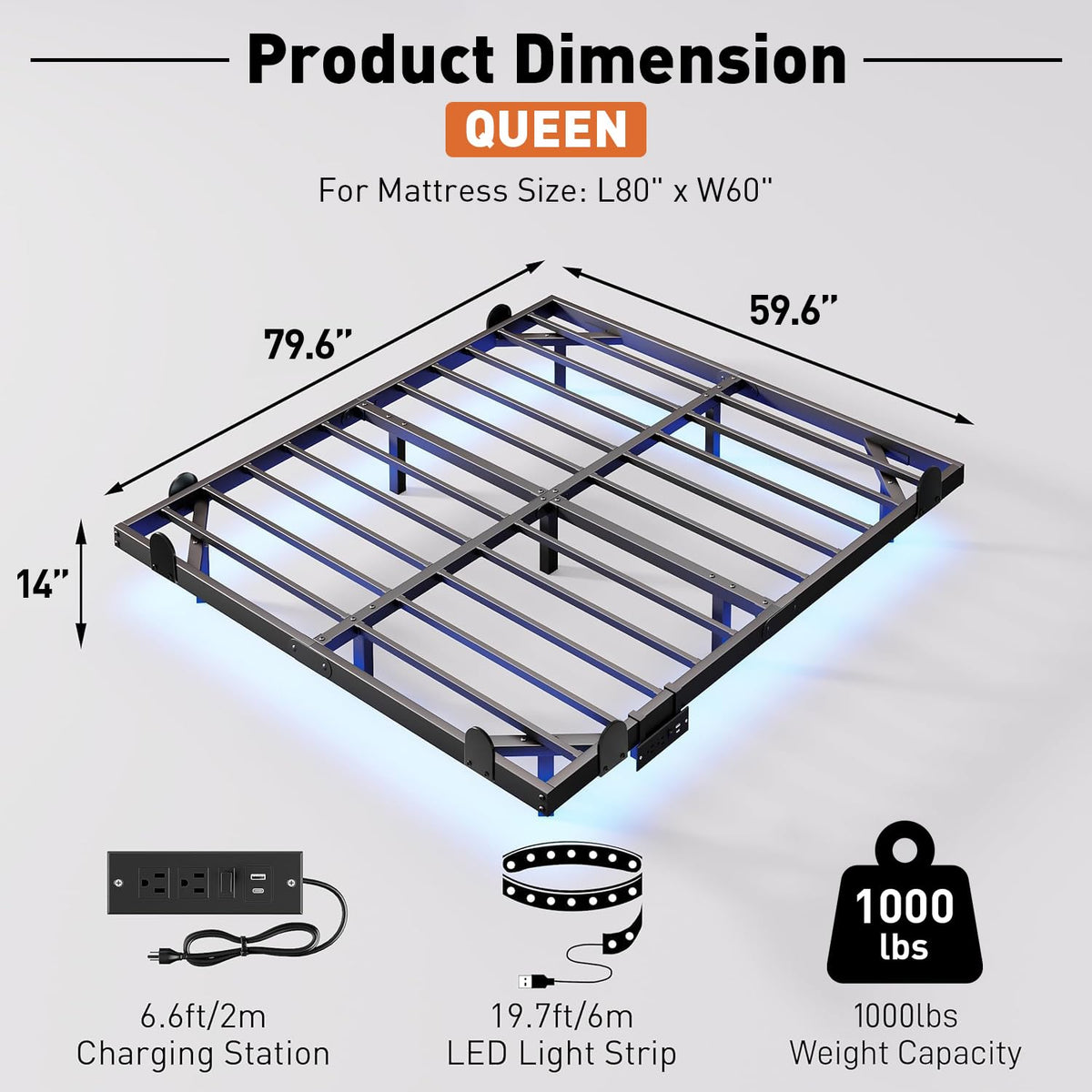 Queen Floating Bed Frame with LED Lights and Charging Station B829