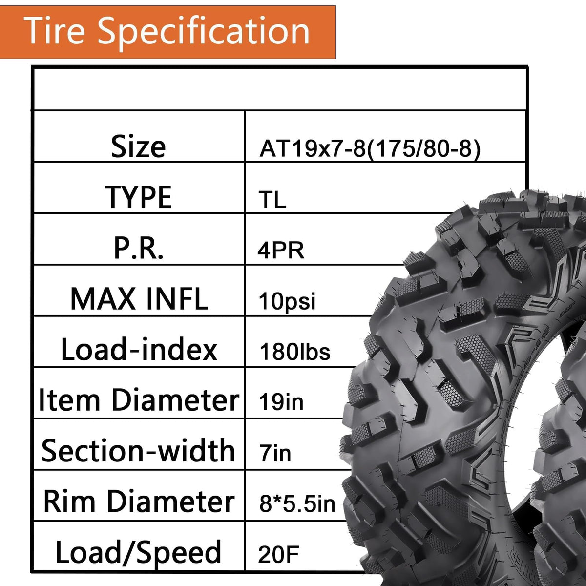 2 Pack 19x7-8 Tubeless All Terrain ATV Tires N11562