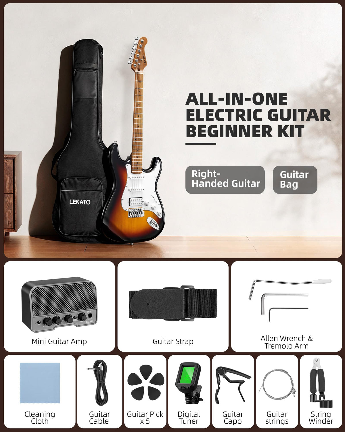 39 Inch HSS Electric Guitar Kit with 5W Mini Amp and Bag L358