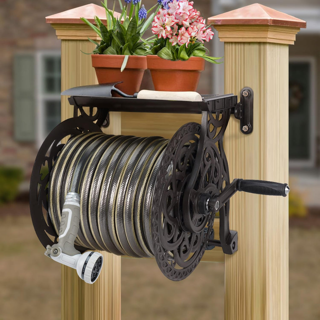 Metal Wall Mount Garden Hose Reel, Holds 125 ft x 5/8'' Hose, Dark Bronze H635