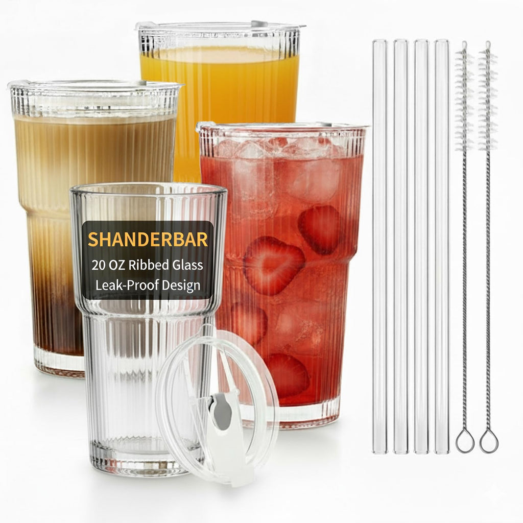 20 oz Ribbed Glass Tumblers with Lids and Straws, Set of 4 H70270