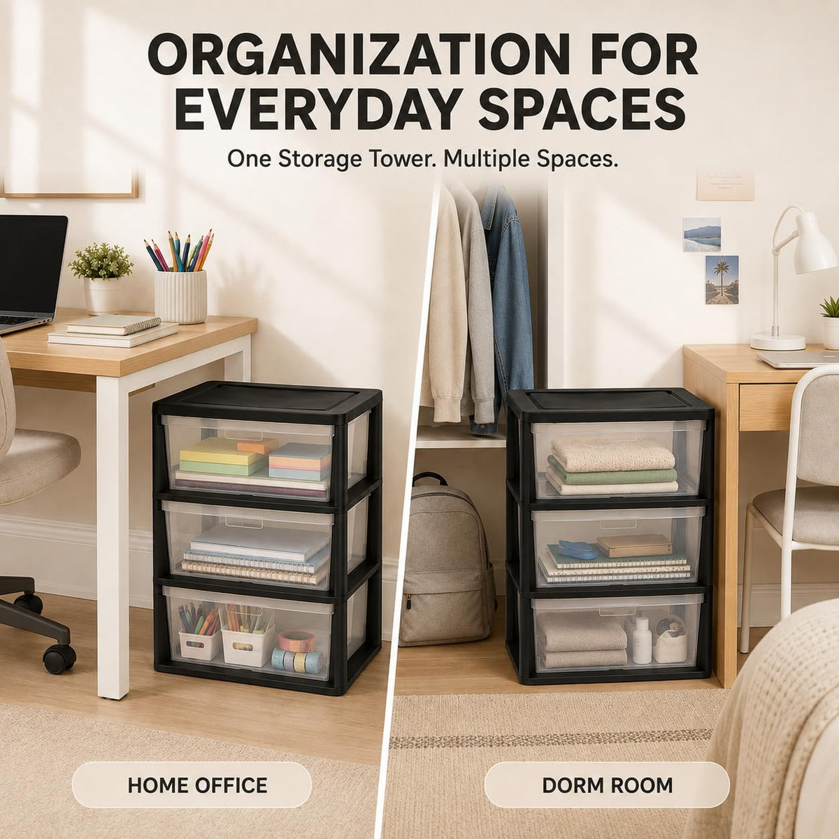 Plastic 3 Drawer Storage Tower with Clear Removable Bins R8542