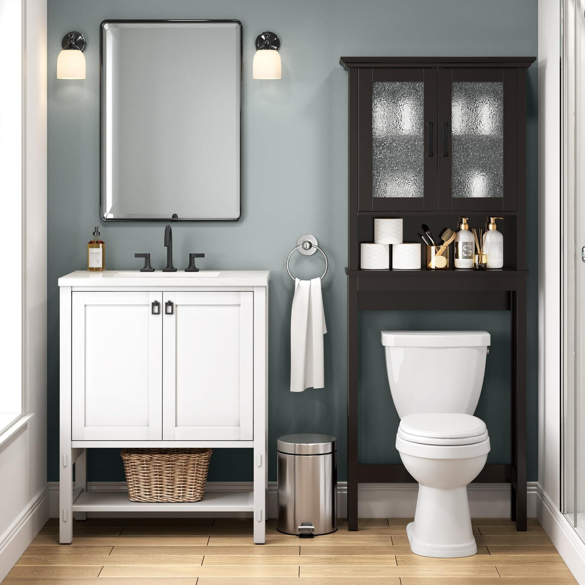 Over Toilet Storage Cabinet with Glass Doors and Adjustable Shelf J668