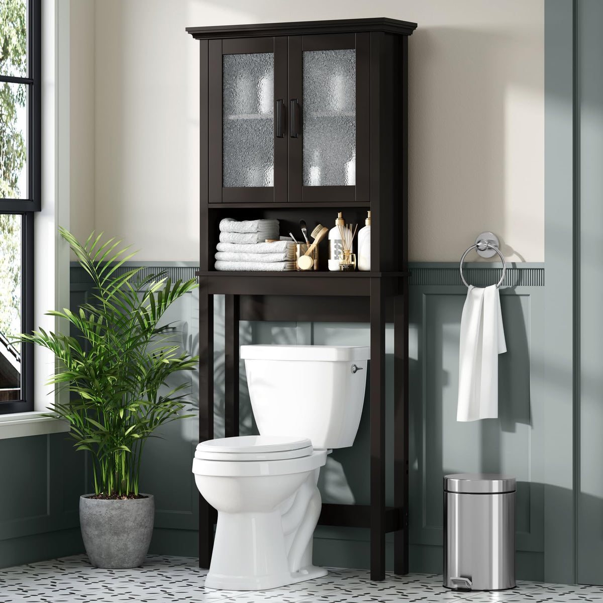 Over Toilet Storage Cabinet with Glass Doors and Adjustable Shelf J668