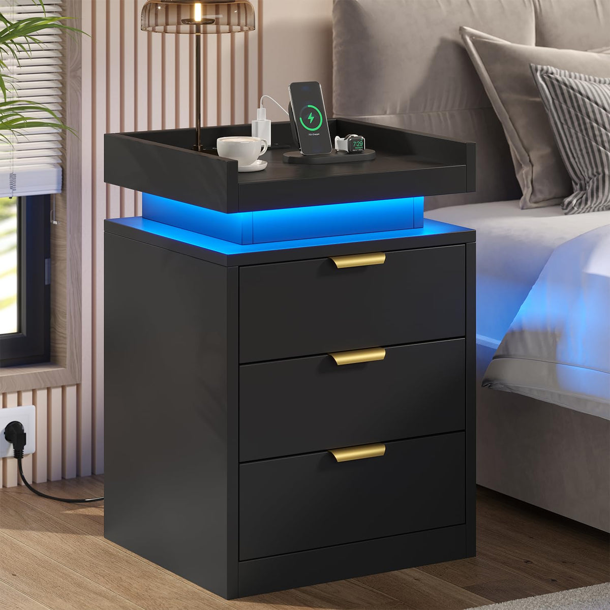 Black 3 Drawer LED Nightstand with Charging Station I1204