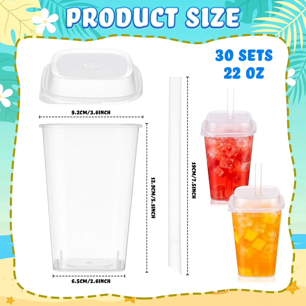 30 Pack 22 oz Clear Plastic Cups with Lids & Straws I9637