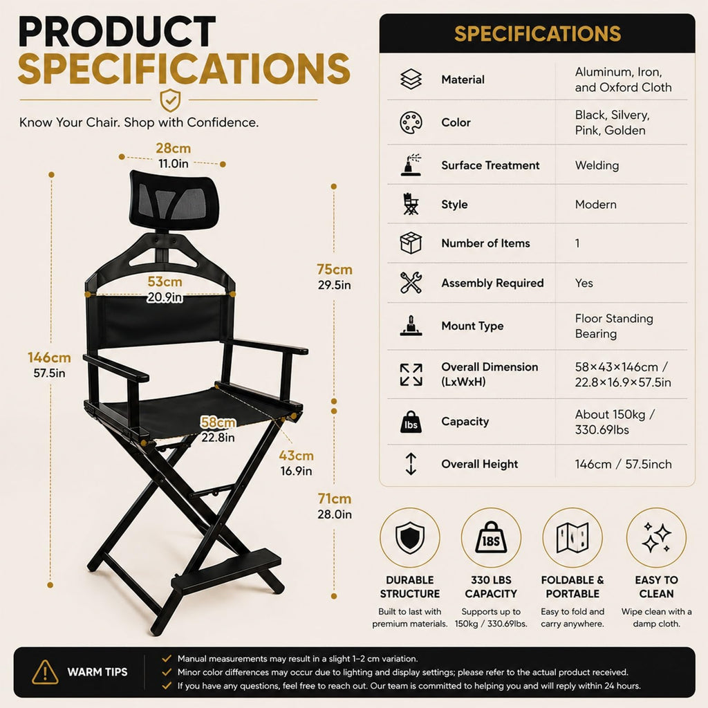 Extra Tall Foldable Directors Chair with Adjustable Mesh Headrest X31857