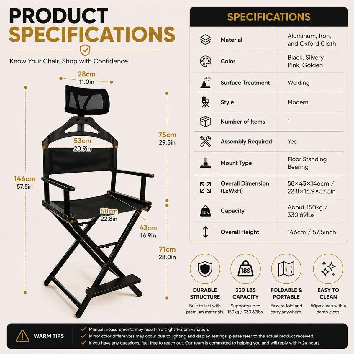 Extra Tall Foldable Directors Chair with Adjustable Mesh Headrest X31857