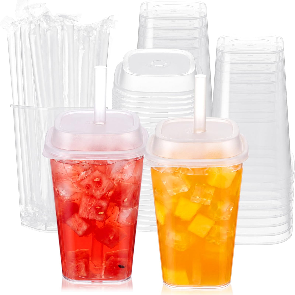 30 Pack 22 oz Clear Plastic Cups with Lids & Straws I9637