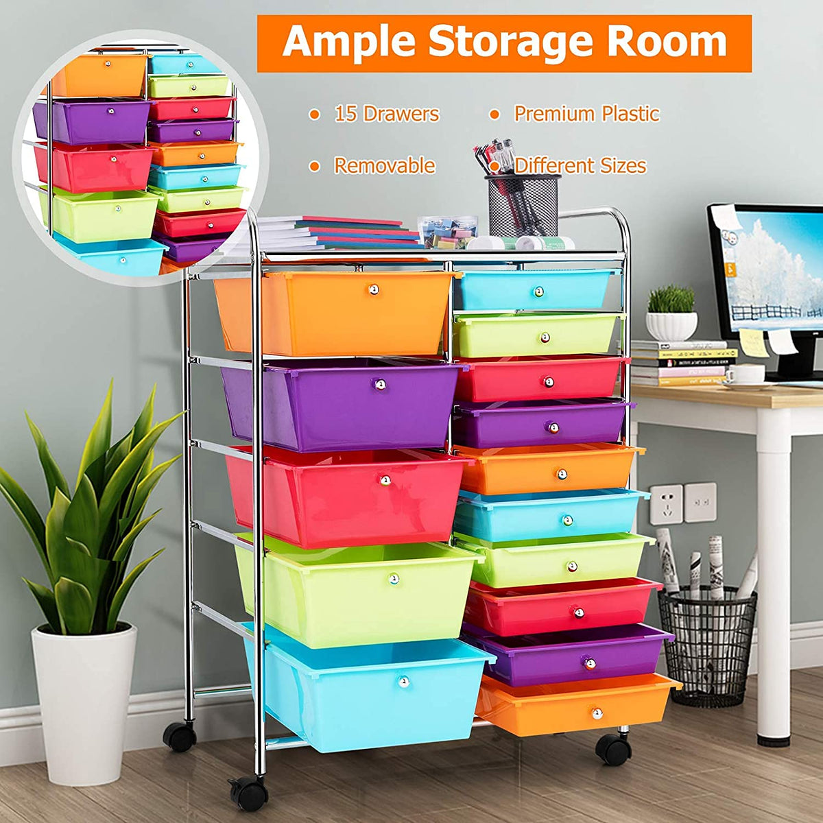15 Drawer Rolling Plastic Storage Organizer Cart I946773