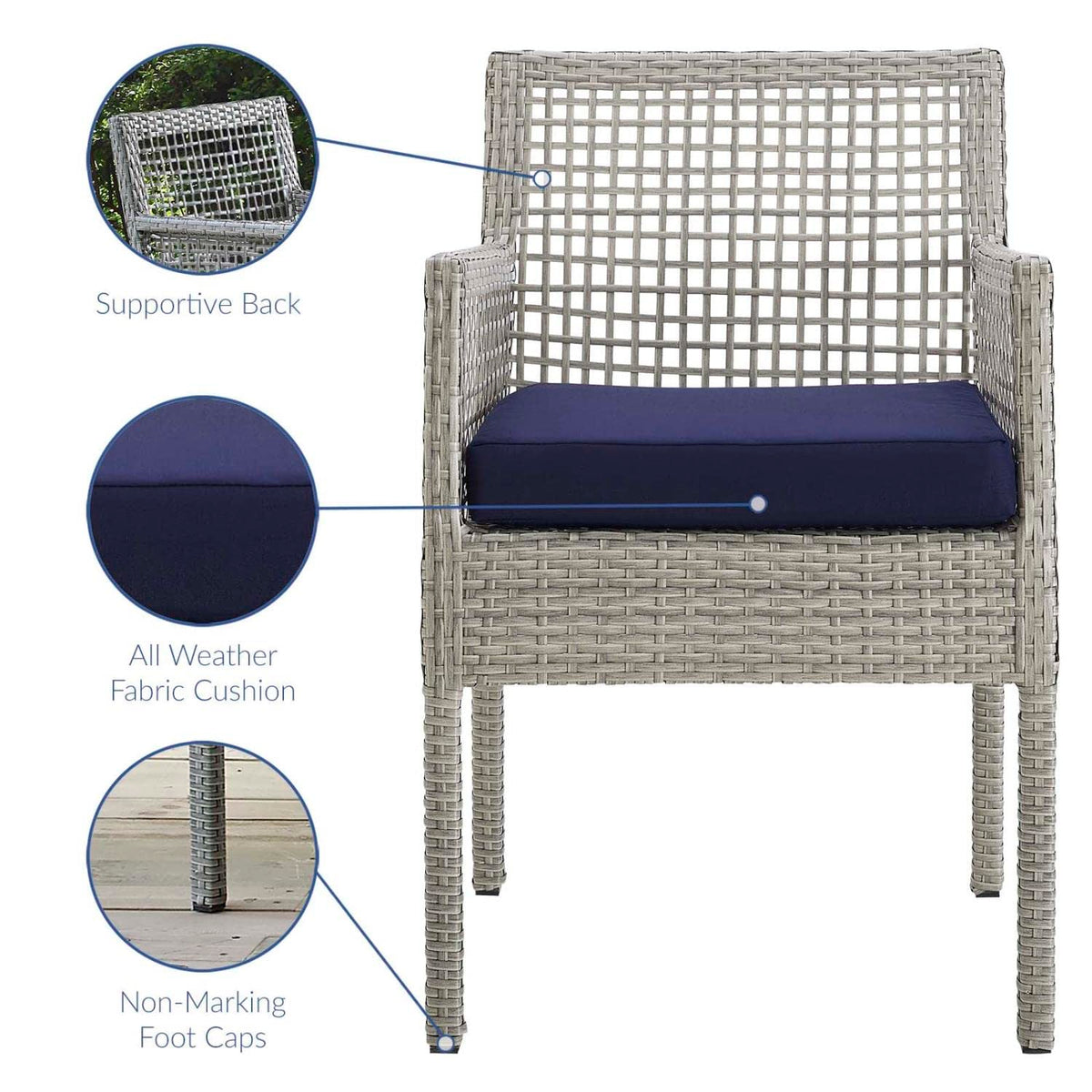 Gray Navy Wicker Rattan Outdoor Dining Arm Chair with Cushion V681