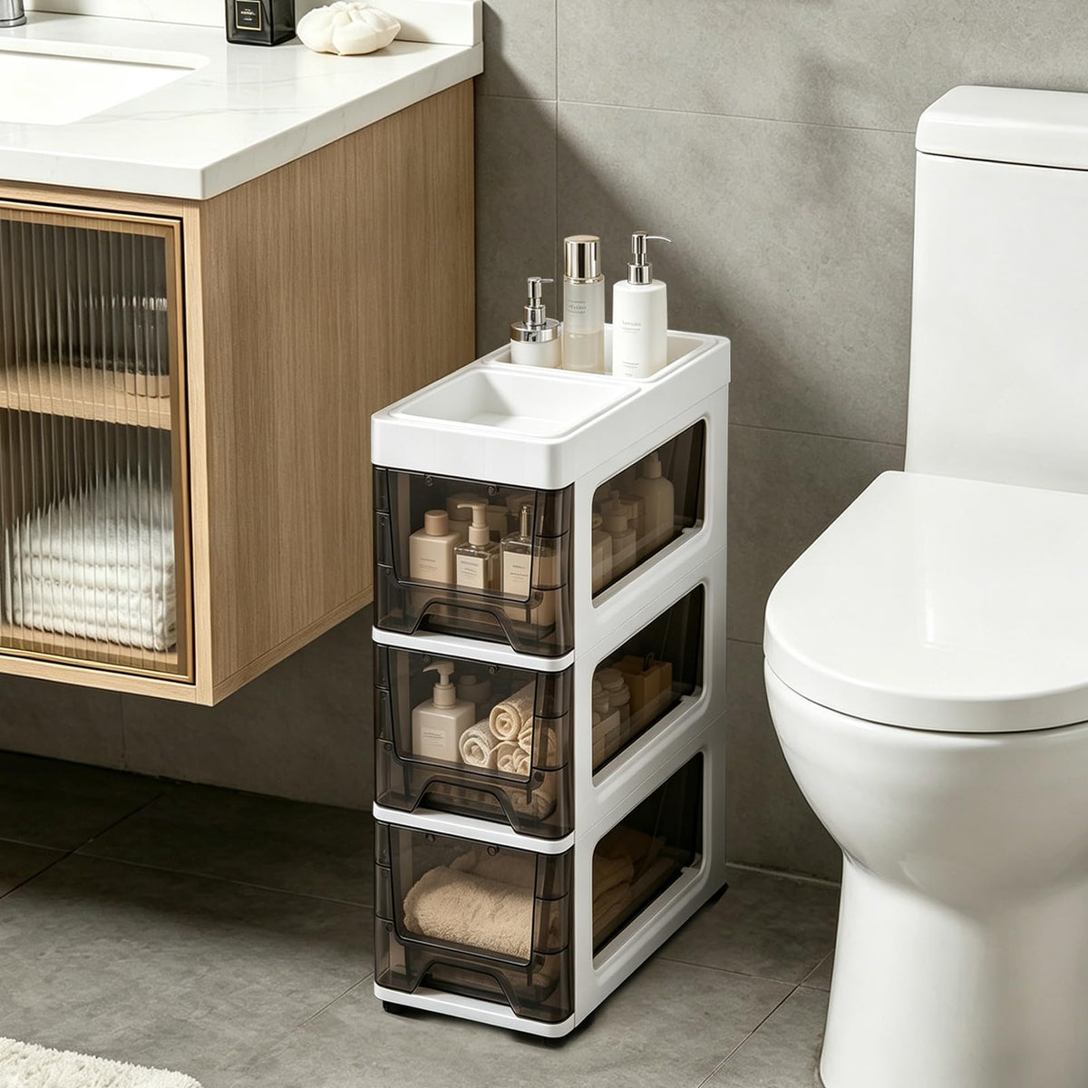 3 Drawer Narrow Plastic Storage Cart with Wheels V419