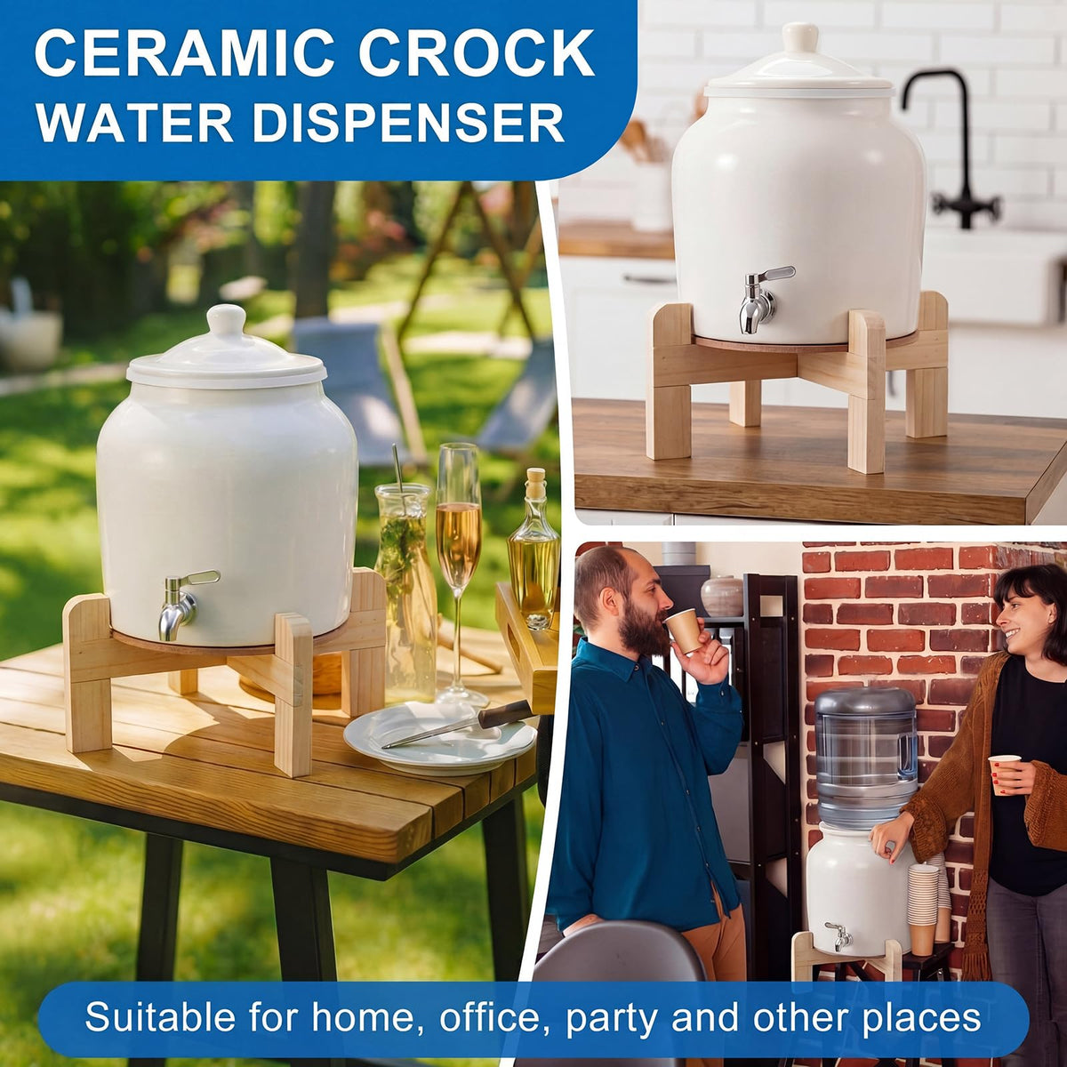 Ceramic Water Dispenser with Wood Stand and Stainless Steel Faucet P624344