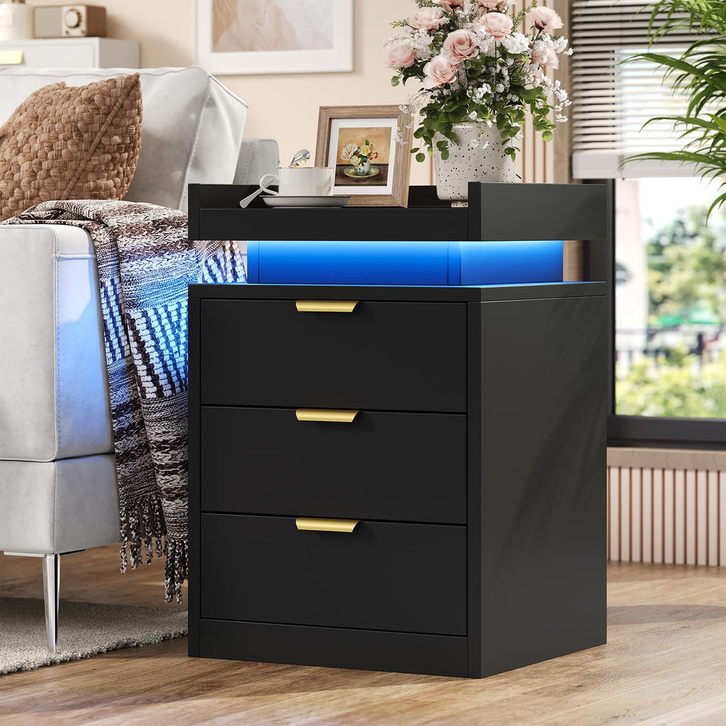 Black 3 Drawer LED Nightstand with Charging Station I1204