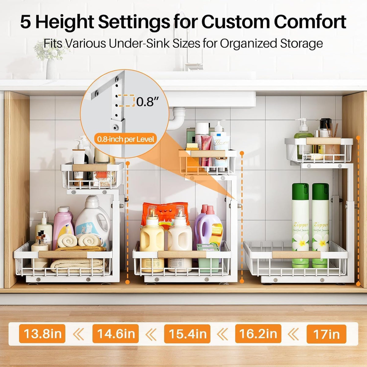 Adjustable 2 Tier Pull Out Under Sink Organizer, White, 2 Pack R355