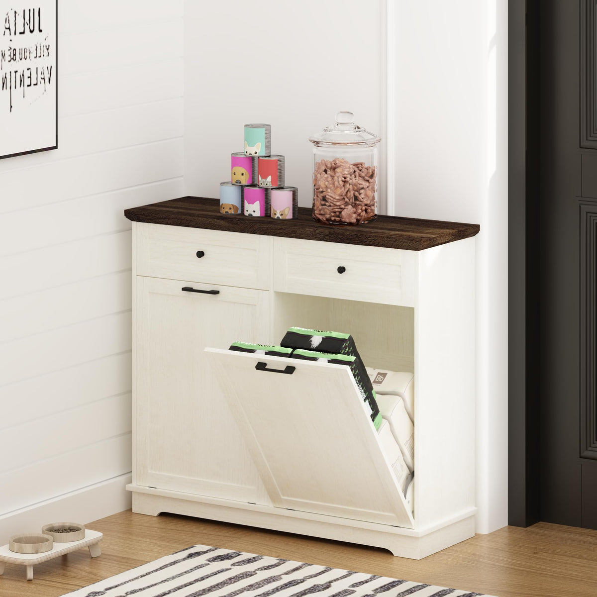 20 Gallon Double Tilt Out Wood Trash Can Cabinet with Drawer D4337