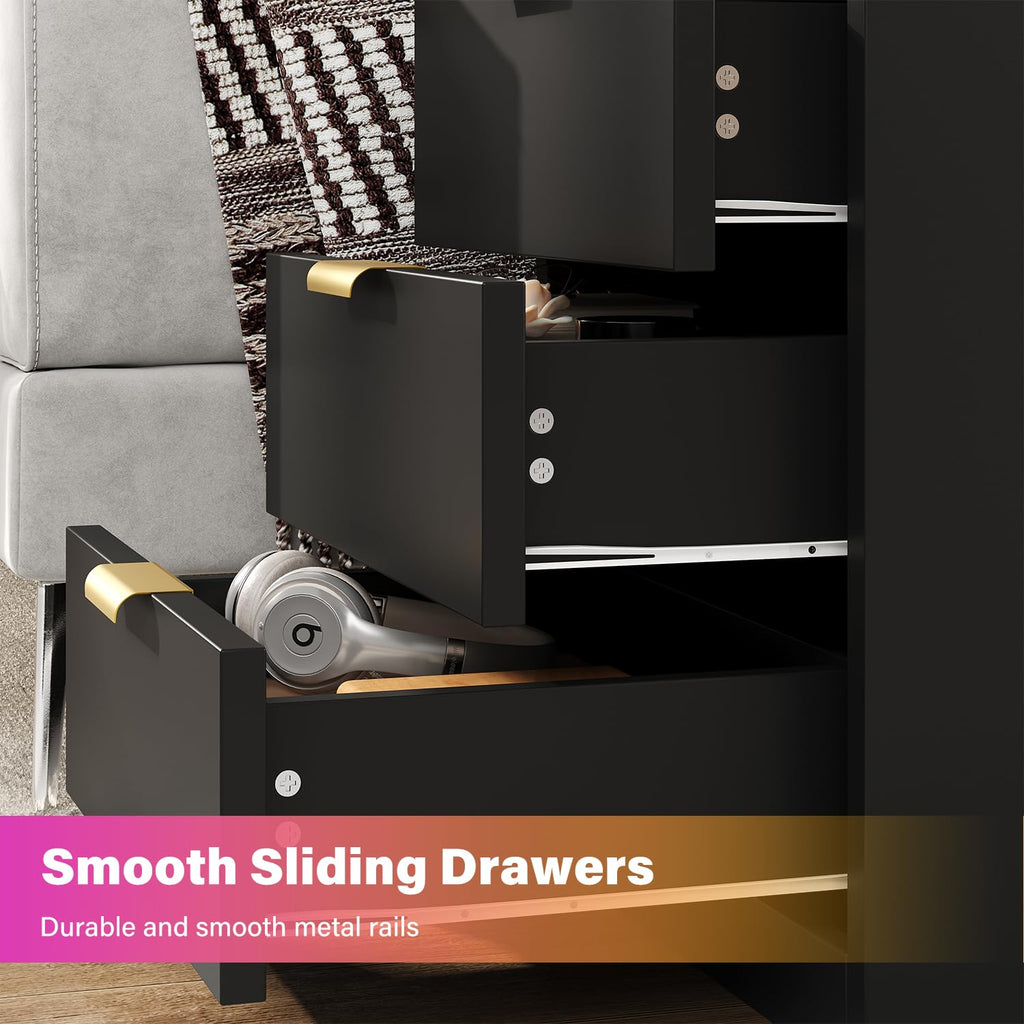 Black 3 Drawer LED Nightstand with Charging Station I1204