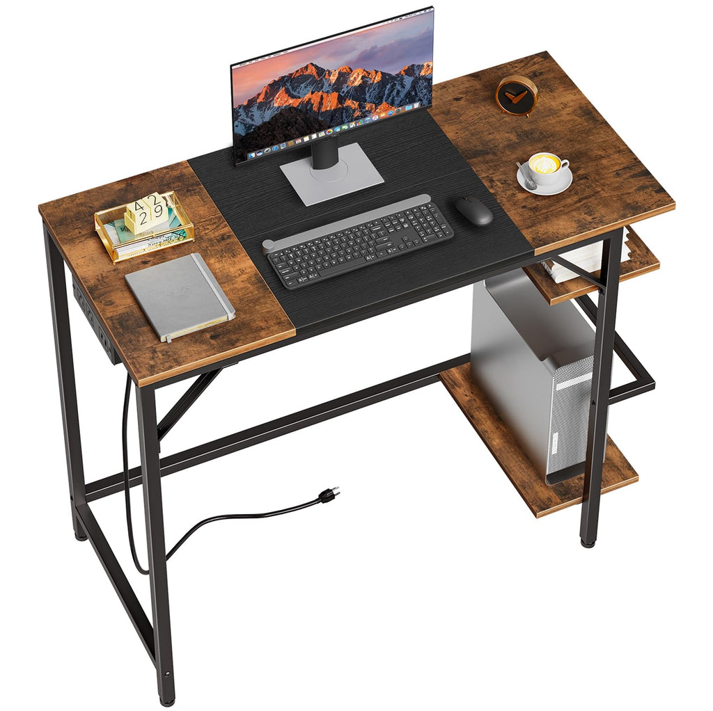 Small Computer Desk with Power Outlet and 2 Shelves A35704