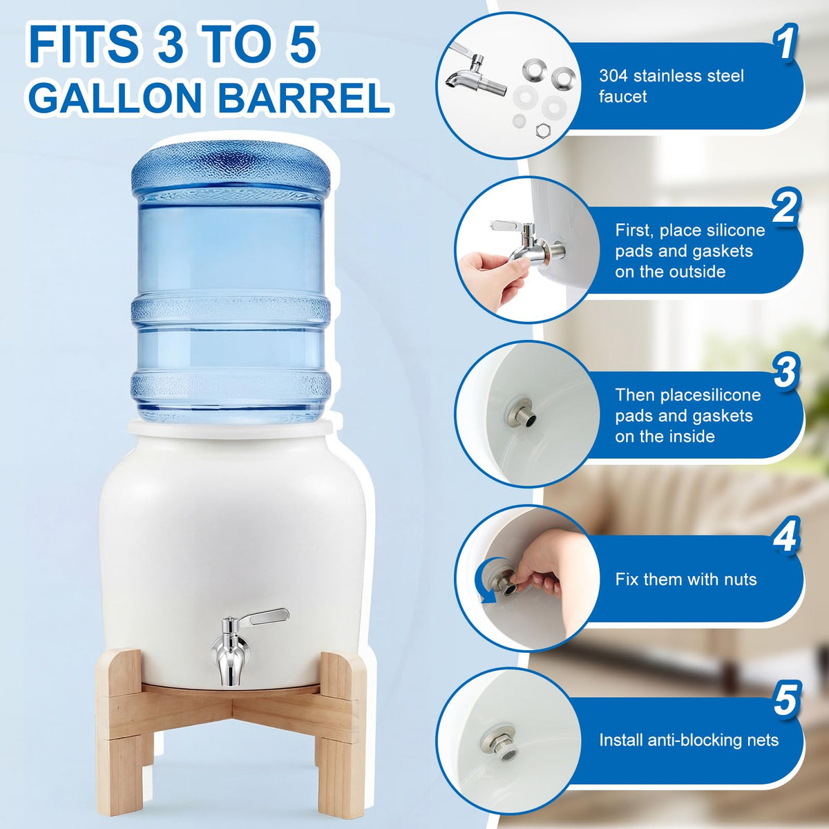 Ceramic Water Dispenser with Wood Stand and Stainless Steel Faucet P624344