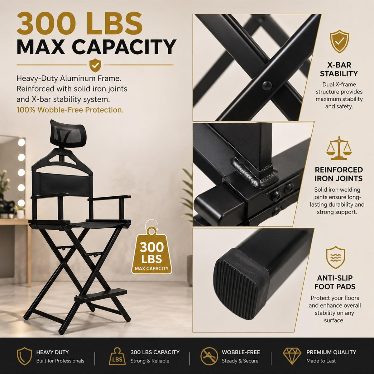 Extra Tall Foldable Directors Chair with Adjustable Mesh Headrest X31857