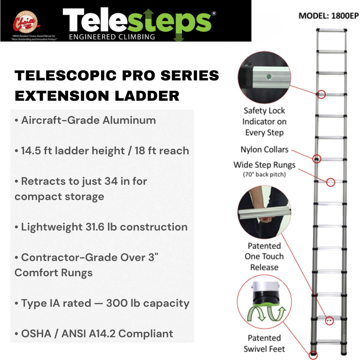 Telescoping Extension Ladder 14.5 ft 300 lb W656638